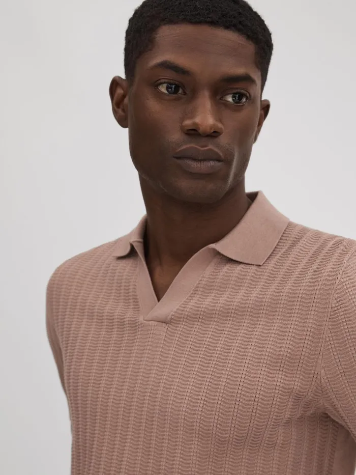 Men Reiss Polo Shirts Mickey Textured Modal Blend Open Collar Shirt Dusty Pink
