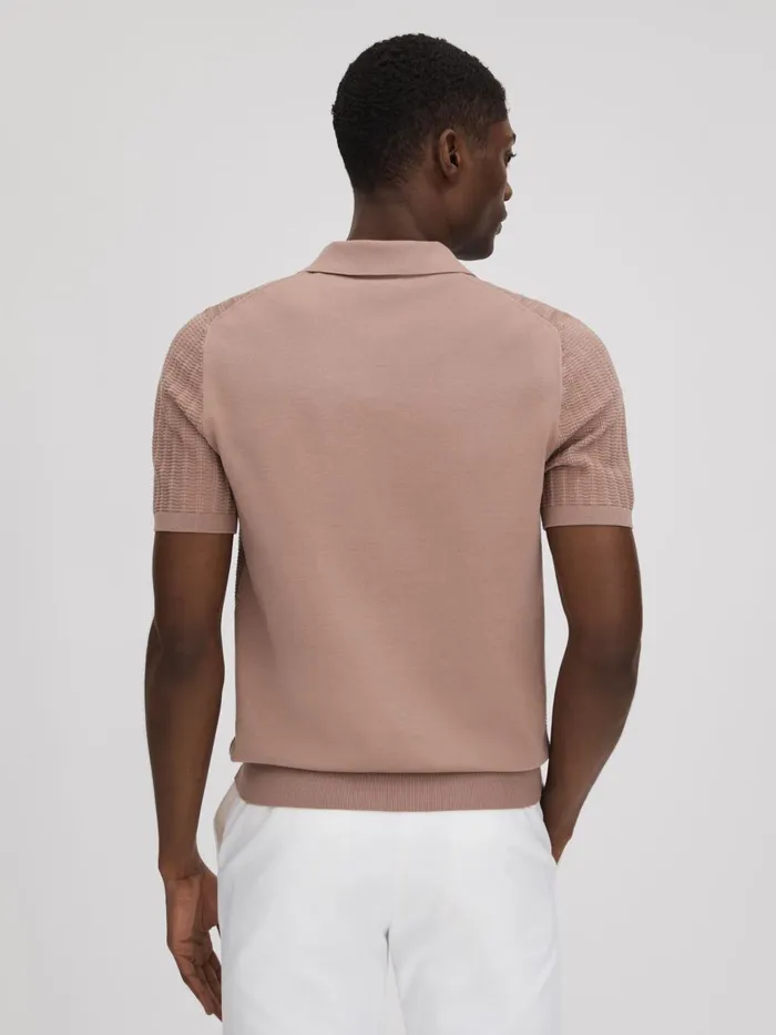 Men Reiss Polo Shirts Mickey Textured Modal Blend Open Collar Shirt Dusty Pink