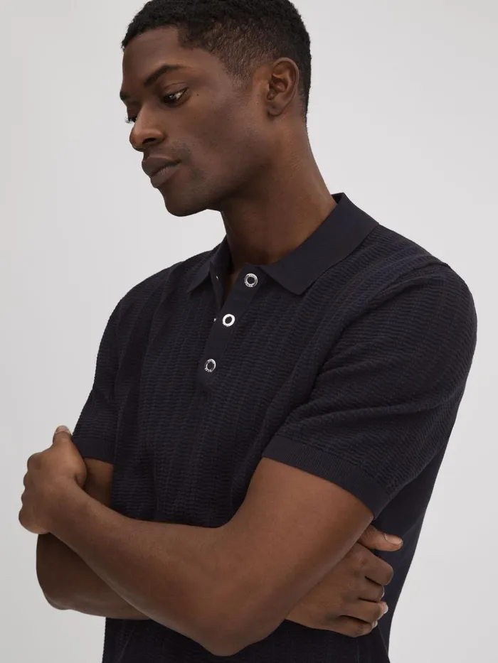 Men Reiss Polo Shirts Pascoe Textured Modal Blend Polo Shirt Navy