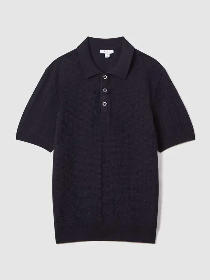 Men Reiss Polo Shirts Pascoe Textured Modal Blend Polo Shirt Navy