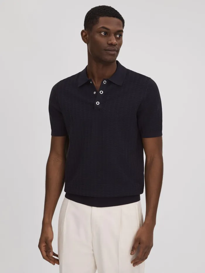 Men Reiss Polo Shirts Pascoe Textured Modal Blend Polo Shirt Navy