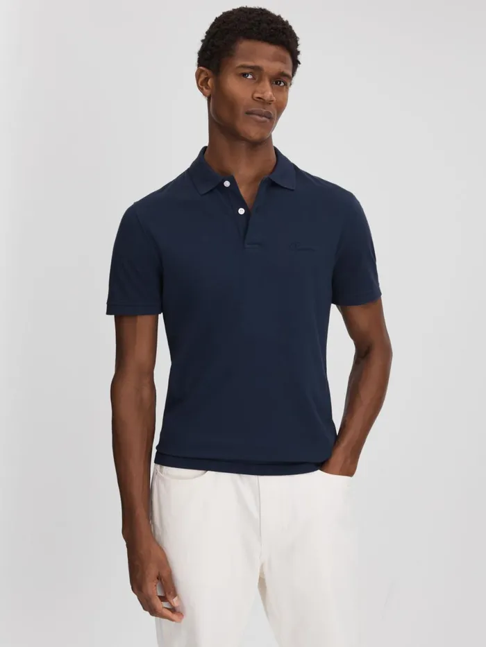 Men Reiss Polo Shirts Peters Slim Fit Garment Dyed Embroidered Polo Shirt Airforce Blue