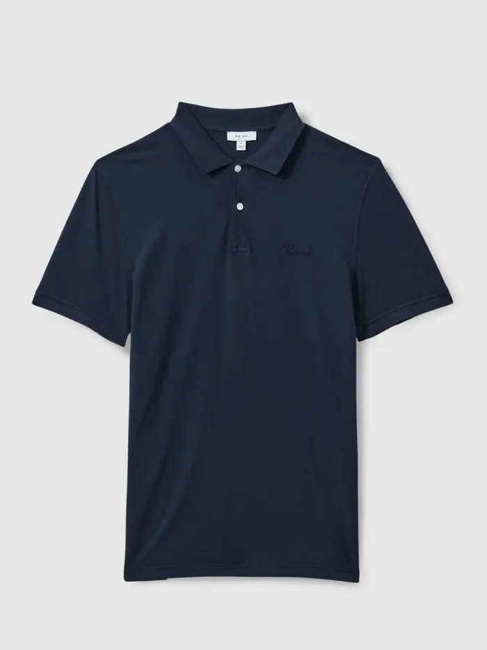 Men Reiss Polo Shirts Peters Slim Fit Garment Dyed Embroidered Polo Shirt Airforce Blue