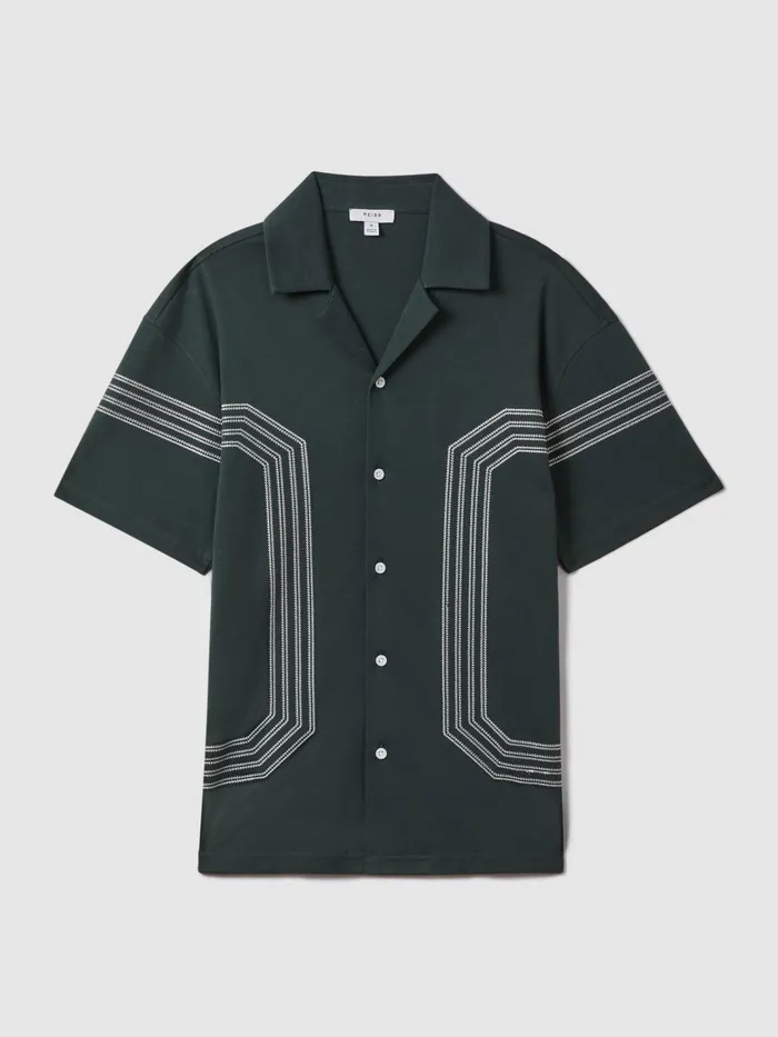Men Reiss Shirts Arlington Mercerised Cotton Embroidered Shirt Emerald