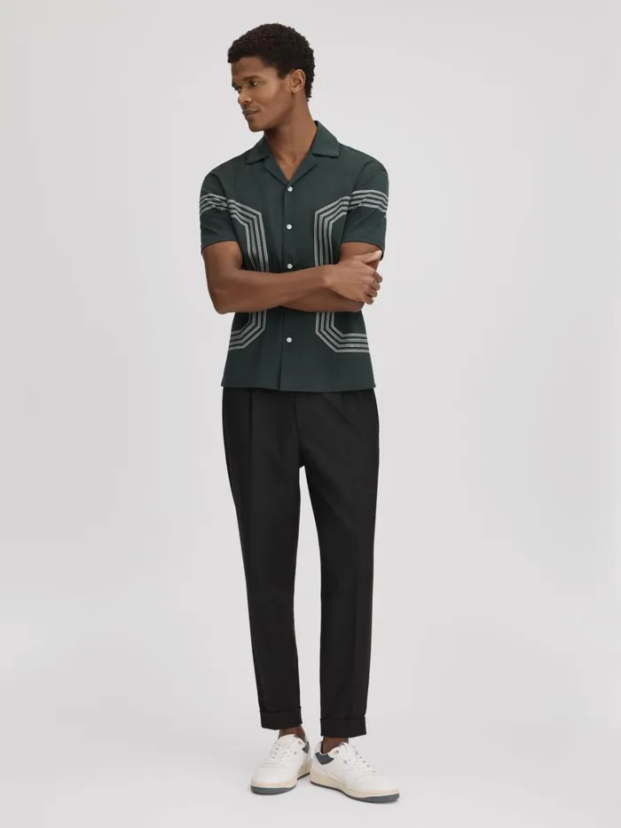 Men Reiss Shirts Arlington Mercerised Cotton Embroidered Shirt Emerald
