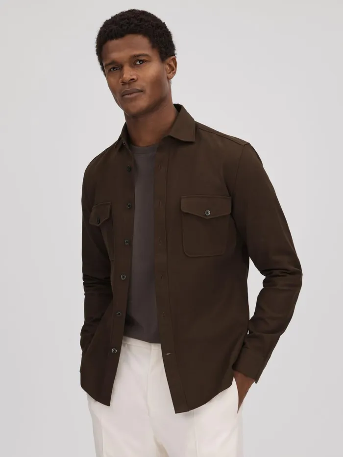 Men Reiss Shirts Arlo Cotton Canvas Overshirt Chocolate