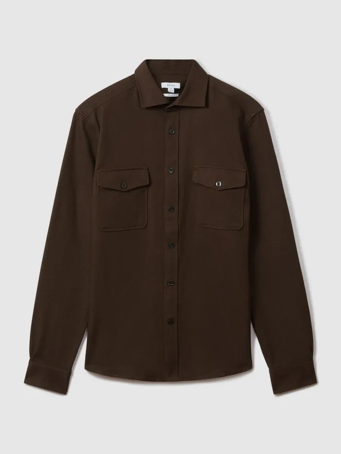 Men Reiss Shirts Arlo Cotton Canvas Overshirt Chocolate