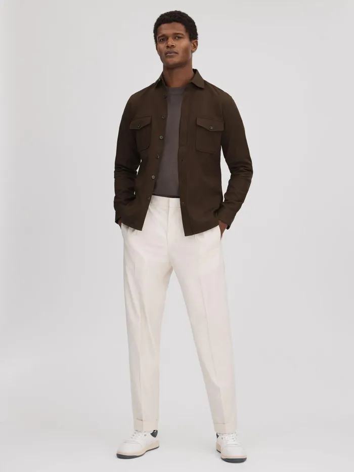 Men Reiss Shirts Arlo Cotton Canvas Overshirt Chocolate