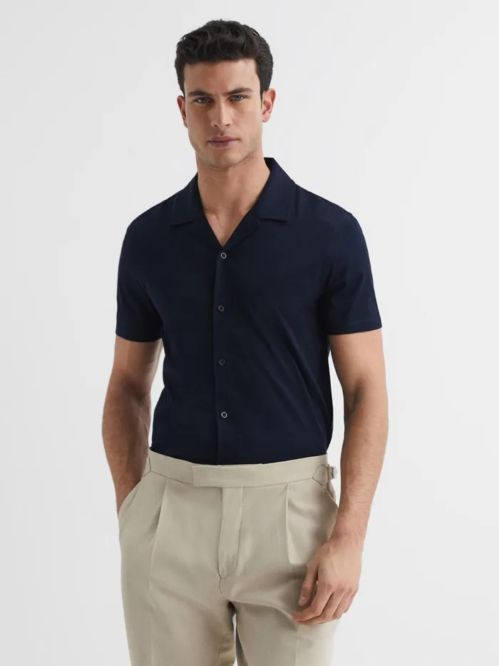 Men Reiss Shirts Caspa Mercerised Jersey Cuban Collar Shirt Navy