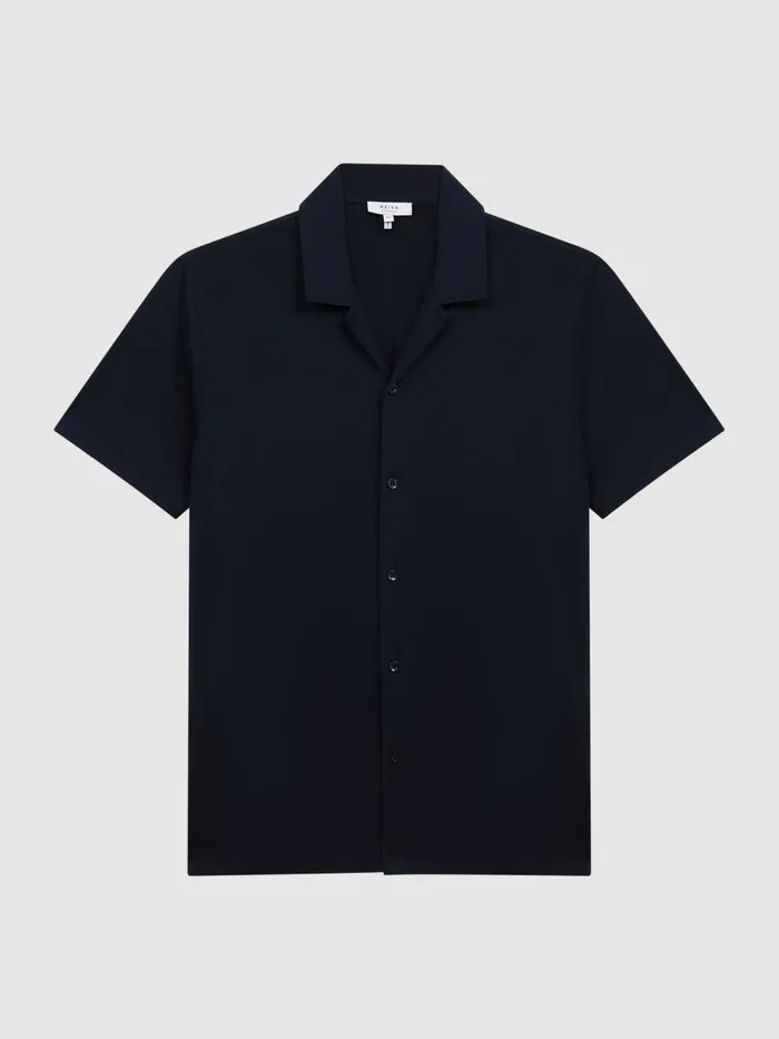 Men Reiss Shirts Caspa Mercerised Jersey Cuban Collar Shirt Navy