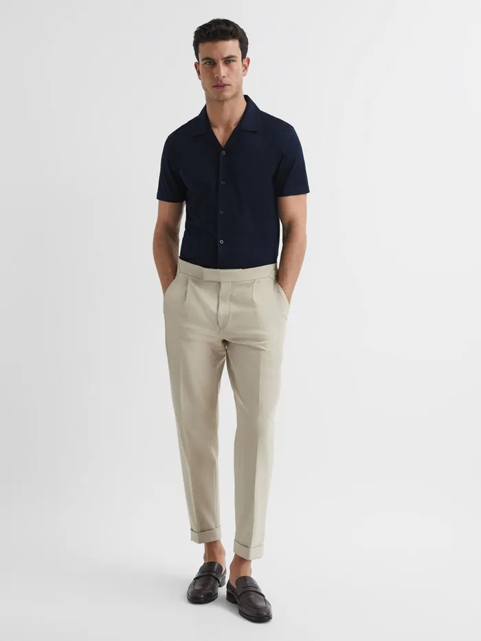 Men Reiss Shirts Caspa Mercerised Jersey Cuban Collar Shirt Navy
