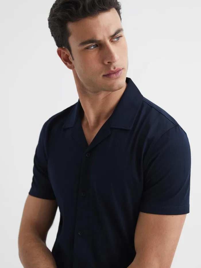 Men Reiss Shirts Caspa Mercerised Jersey Cuban Collar Shirt Navy