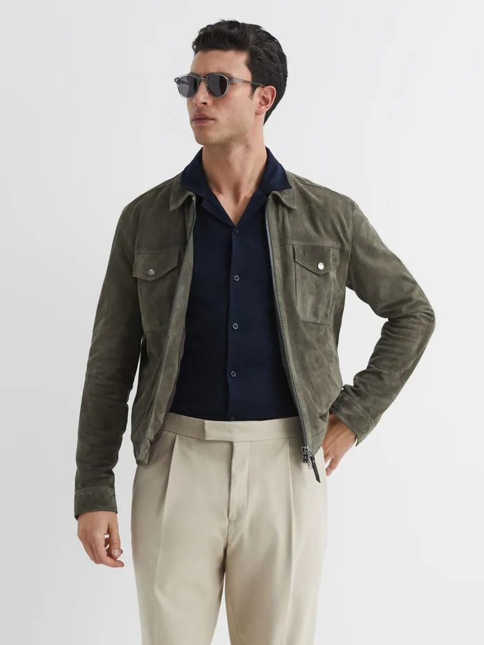 Men Reiss Shirts Caspa Mercerised Jersey Cuban Collar Shirt Navy