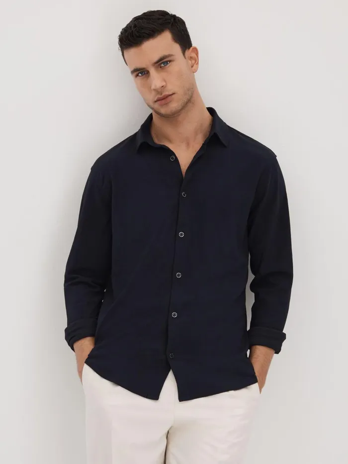 Men Reiss Shirts Corsica Textured ButtonThrough Shirt Navy