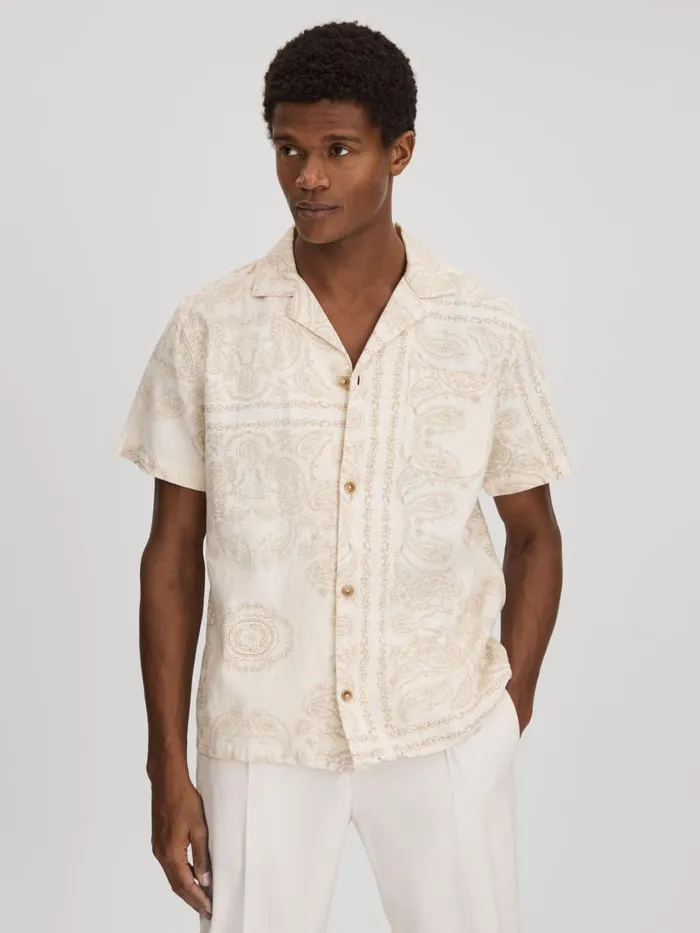 Men Reiss Shirts Deux RamieCotton Cuban Collar Shirt Ivory