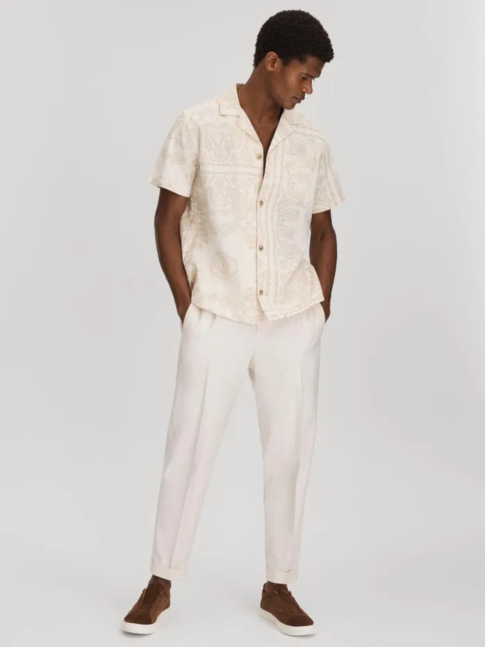 Men Reiss Shirts Deux RamieCotton Cuban Collar Shirt Ivory