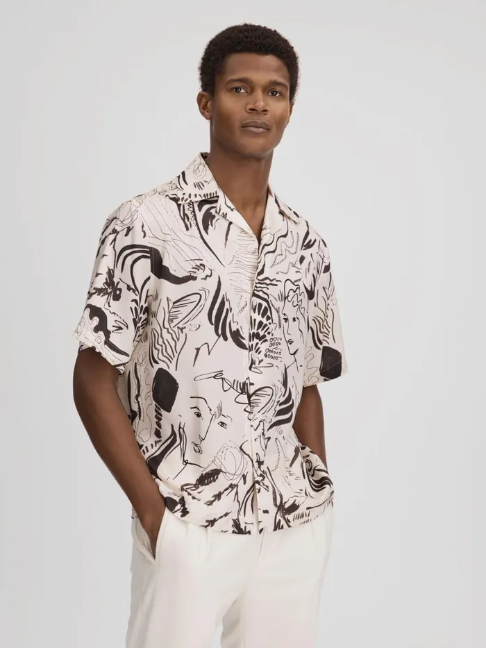 Men Reiss Shirts Epoque Sketch Design Cuban Collar Shirt Blackwhite