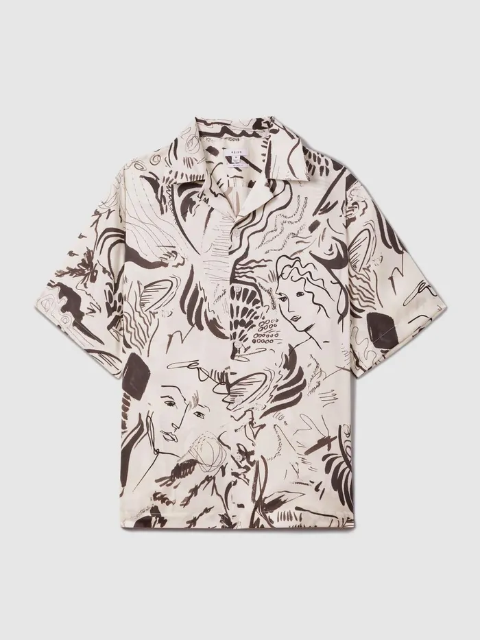 Men Reiss Shirts Epoque Sketch Design Cuban Collar Shirt Blackwhite