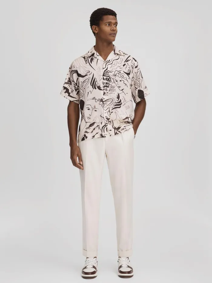 Men Reiss Shirts Epoque Sketch Design Cuban Collar Shirt Blackwhite