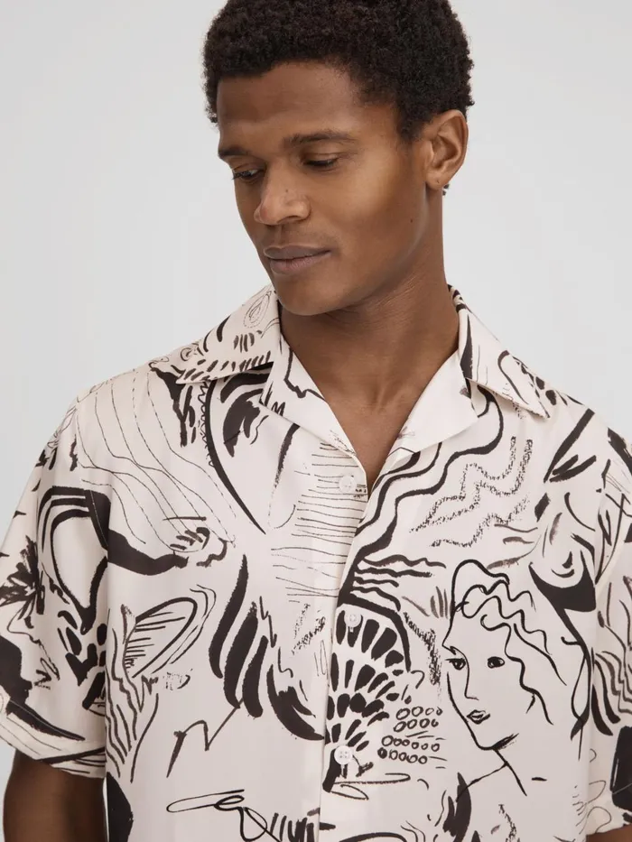 Men Reiss Shirts Epoque Sketch Design Cuban Collar Shirt Blackwhite