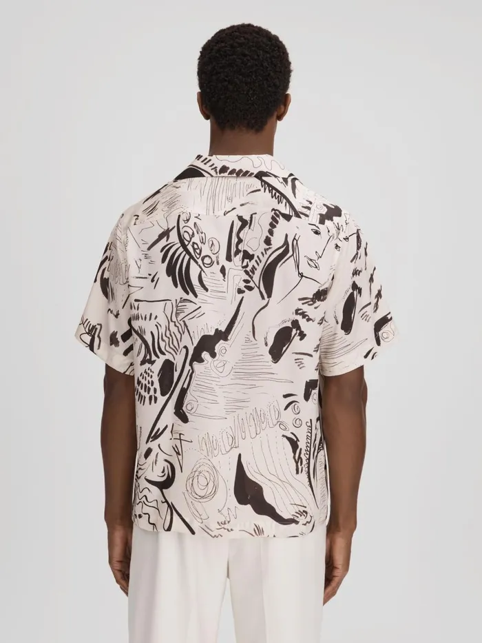 Men Reiss Shirts Epoque Sketch Design Cuban Collar Shirt Blackwhite