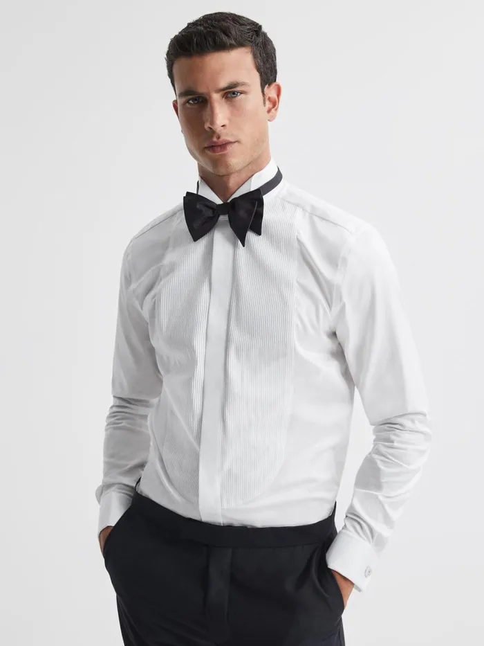Men Reiss Shirts Fitzrovia Pleat Front Winged Collar Shirt White