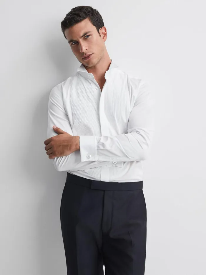 Men Reiss Shirts Fitzrovia Pleat Front Winged Collar Shirt White
