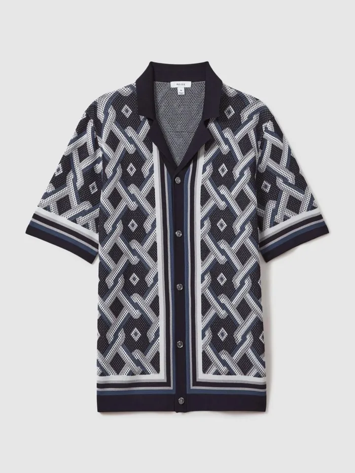 Men Reiss Shirts Hyde Knitted Cuban Collar Shirt Navy Multi