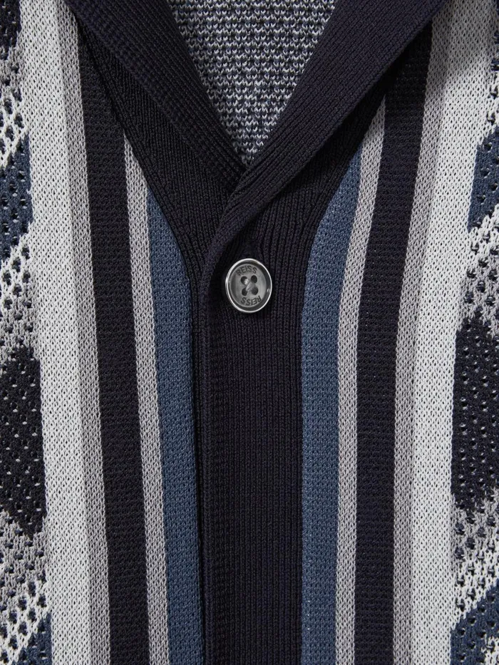 Men Reiss Shirts Hyde Knitted Cuban Collar Shirt Navy Multi
