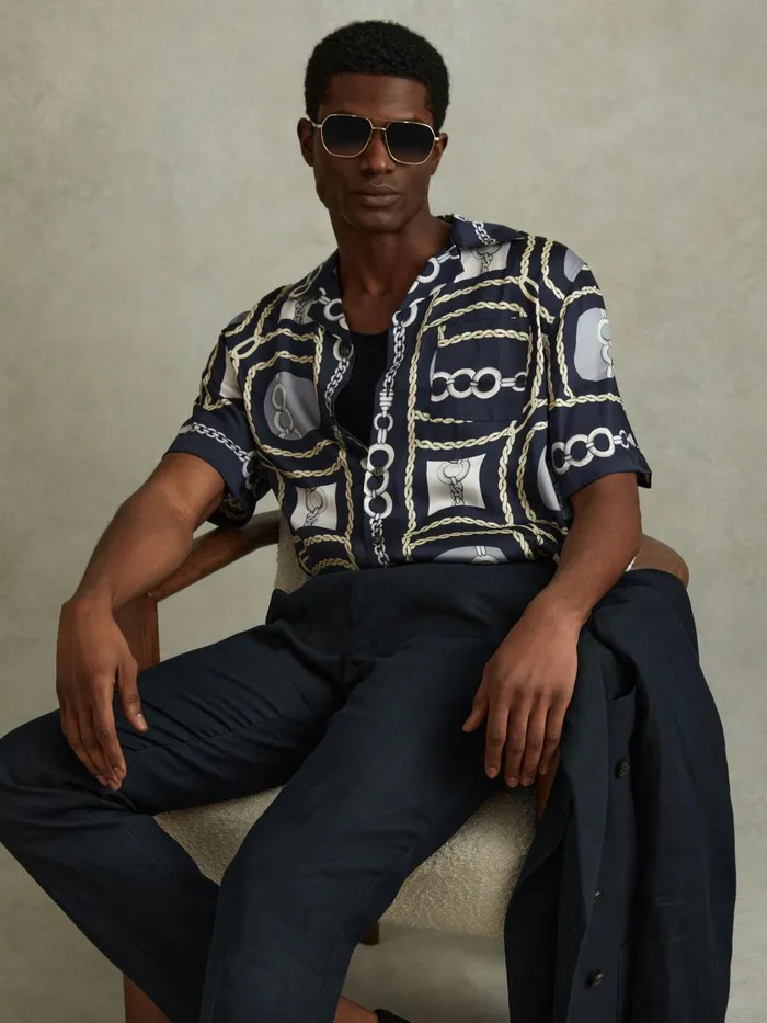 Men Reiss Shirts Jenson Chain Print Cuban Collar Shirt Navy