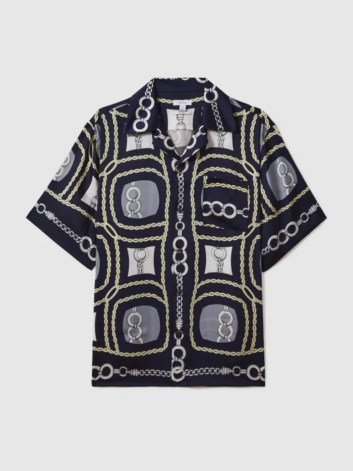 Men Reiss Shirts Jenson Chain Print Cuban Collar Shirt Navy