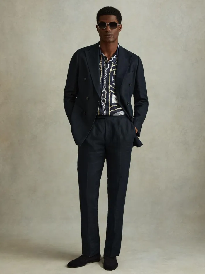 Men Reiss Shirts Jenson Chain Print Cuban Collar Shirt Navy
