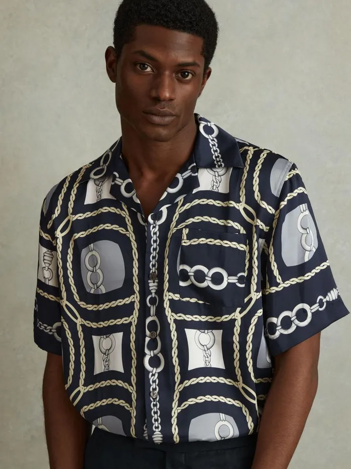 Men Reiss Shirts Jenson Chain Print Cuban Collar Shirt Navy