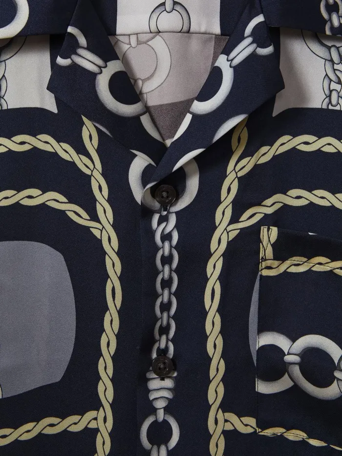 Men Reiss Shirts Jenson Chain Print Cuban Collar Shirt Navy