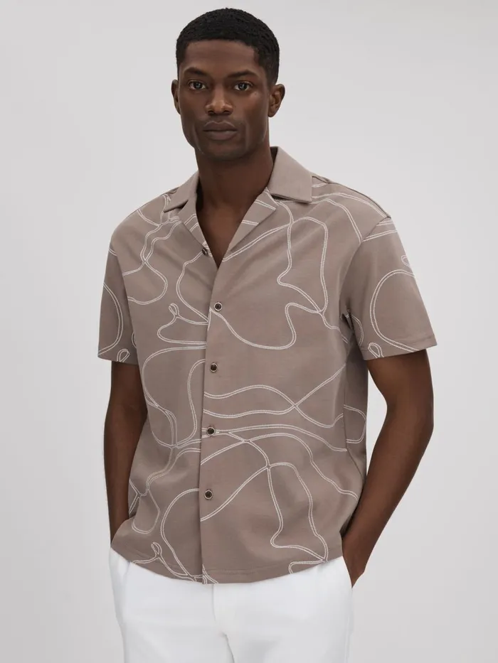 Men Reiss Shirts Menton Cotton Jersey Embroidered Shirt Taupe