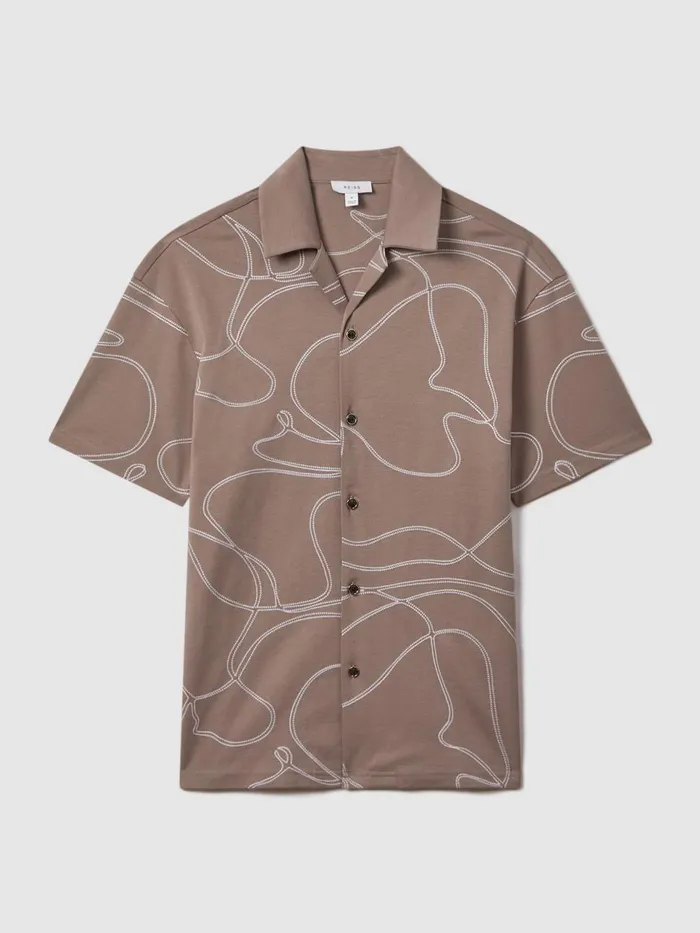 Men Reiss Shirts Menton Cotton Jersey Embroidered Shirt Taupe