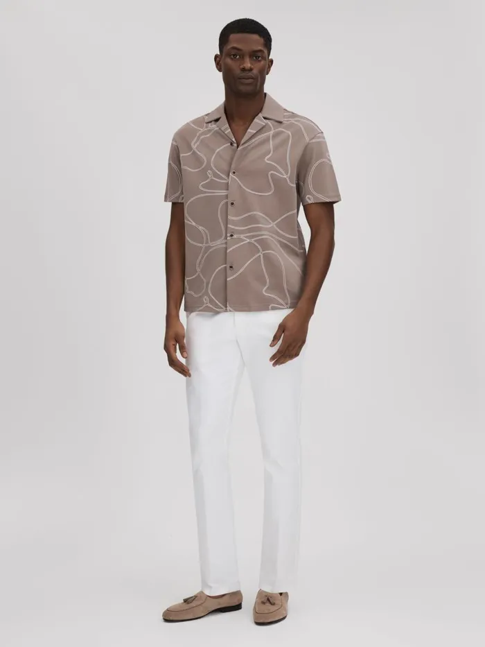 Men Reiss Shirts Menton Cotton Jersey Embroidered Shirt Taupe