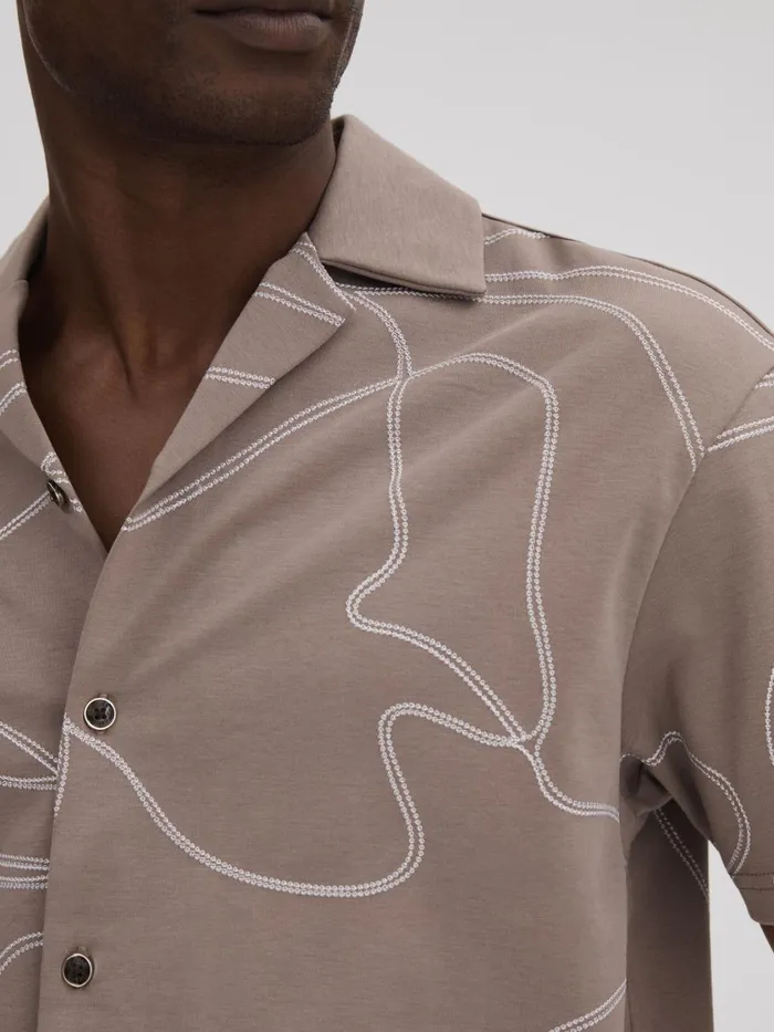 Men Reiss Shirts Menton Cotton Jersey Embroidered Shirt Taupe
