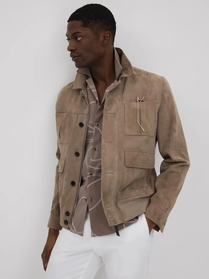 Men Reiss Shirts Menton Cotton Jersey Embroidered Shirt Taupe