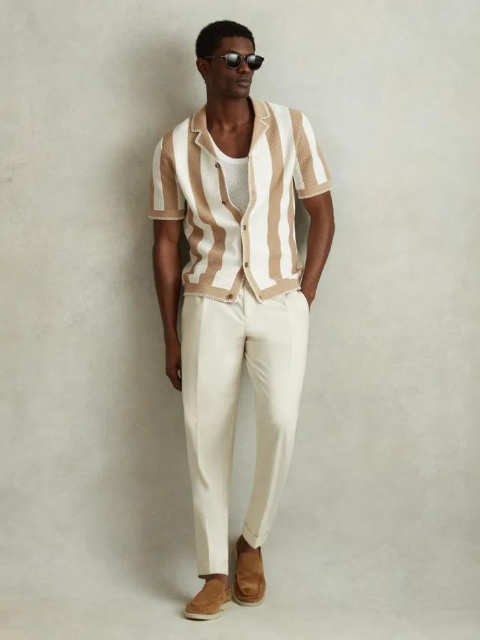 Men Reiss Shirts Naxos Knitted Cuban Collar Shirt Stoneoptic White