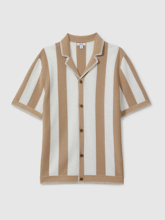 Men Reiss Shirts Naxos Knitted Cuban Collar Shirt Stoneoptic White