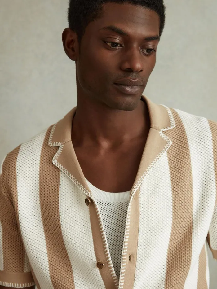 Men Reiss Shirts Naxos Knitted Cuban Collar Shirt Stoneoptic White
