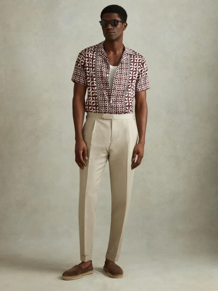 Men Reiss Shirts Prentice Geometric Print Cuban Collar Shirt Tobacco