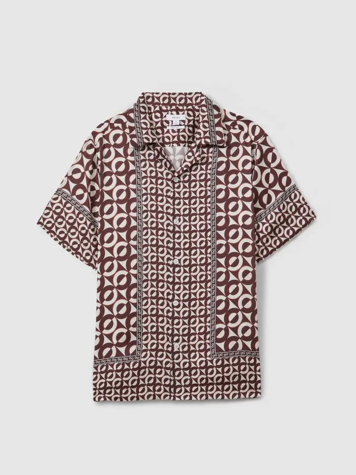 Men Reiss Shirts Prentice Geometric Print Cuban Collar Shirt Tobacco