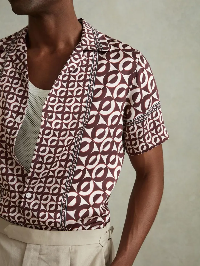 Men Reiss Shirts Prentice Geometric Print Cuban Collar Shirt Tobacco
