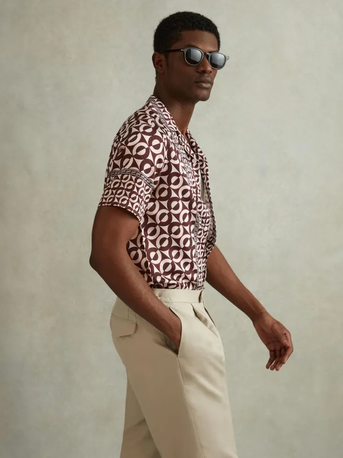 Men Reiss Shirts Prentice Geometric Print Cuban Collar Shirt Tobacco