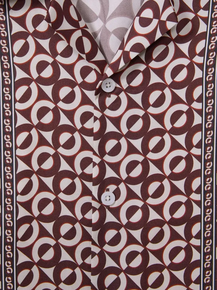 Men Reiss Shirts Prentice Geometric Print Cuban Collar Shirt Tobacco