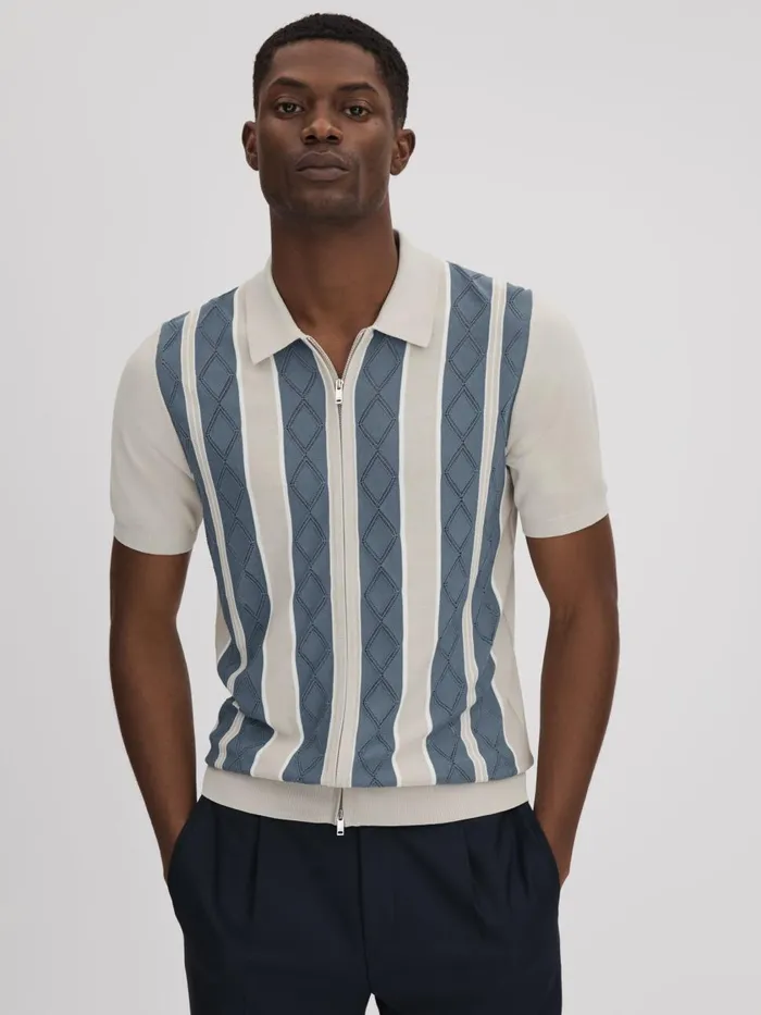 Men Reiss Shirts Selwood Colourblock ZipThrough TShirt Stone Blue