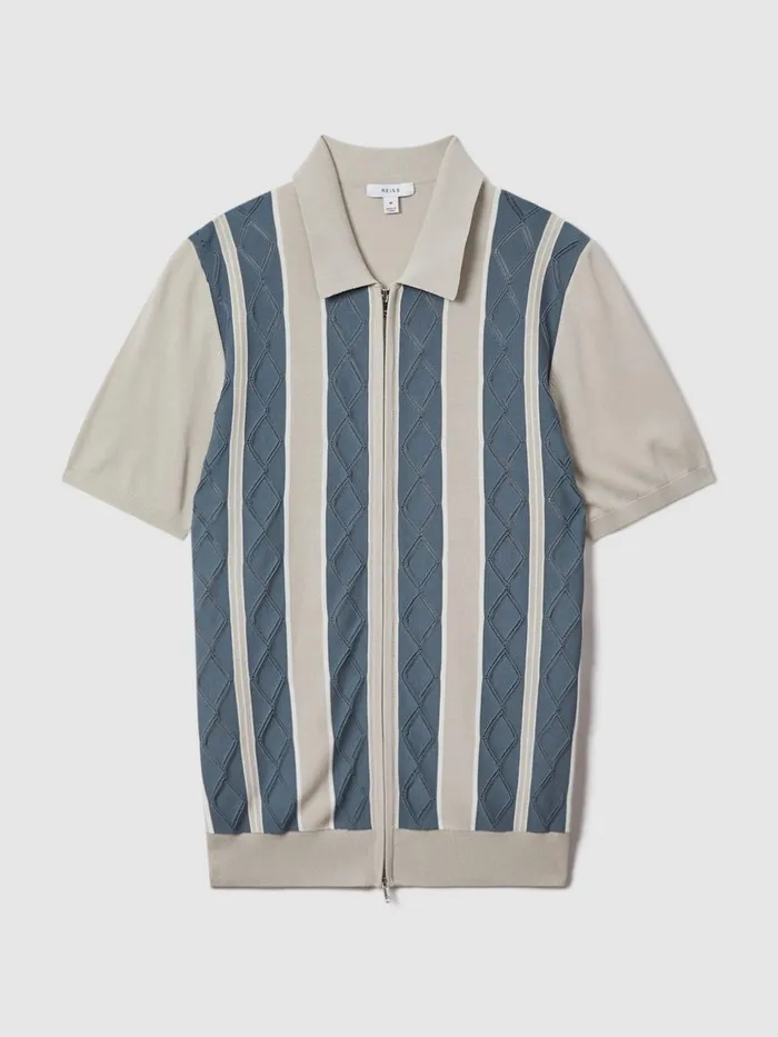 Men Reiss Shirts Selwood Colourblock ZipThrough TShirt Stone Blue