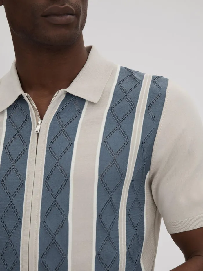 Men Reiss Shirts Selwood Colourblock ZipThrough TShirt Stone Blue